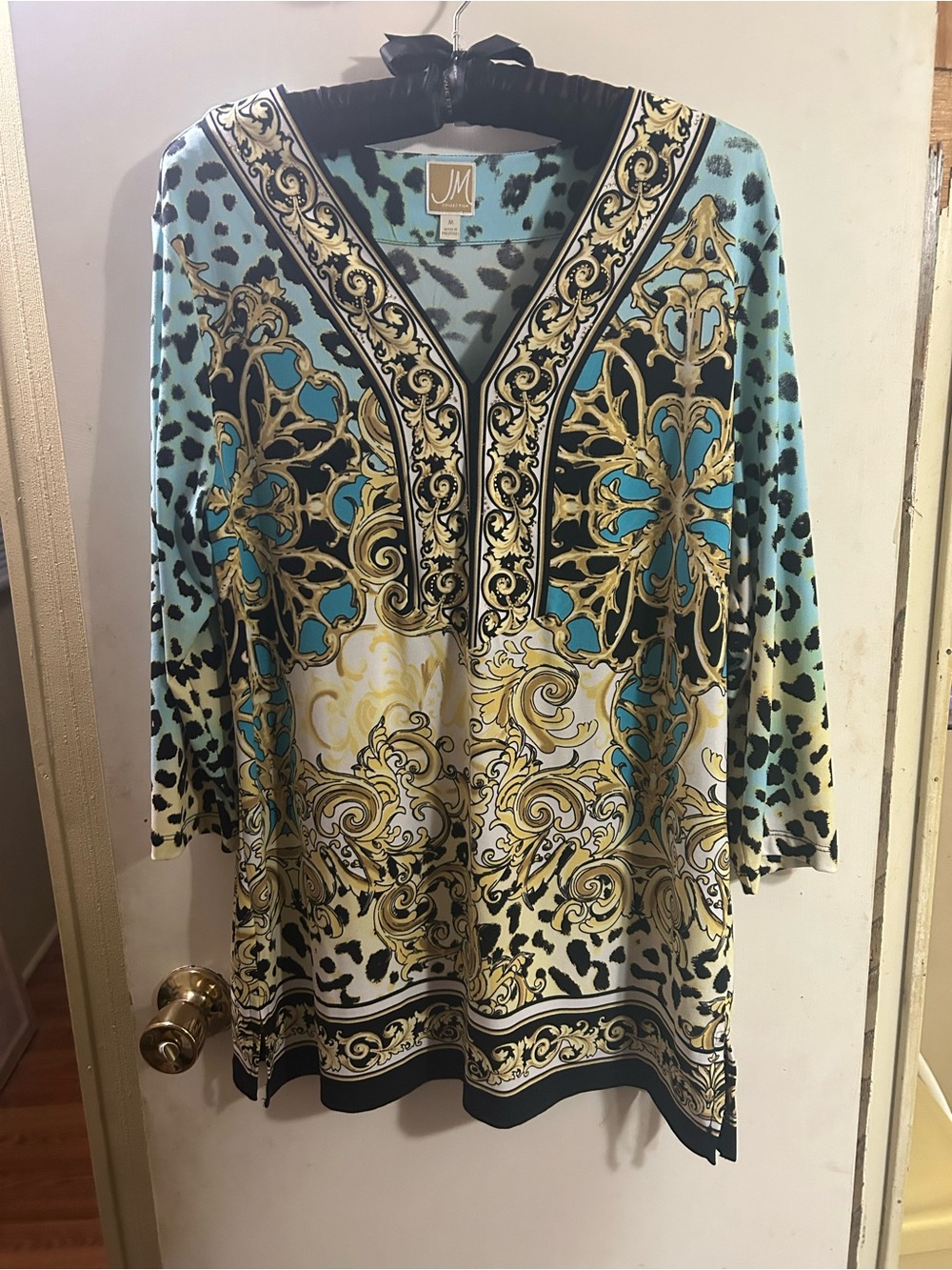 JM Collection Turquoise, Gold & Black Printed V-Neck Tunic